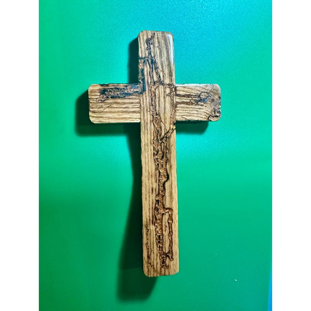 10" Lichtenberg Wood Cross Gold Epoxy Resin Fractal Burn Wall Decor HR